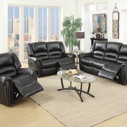 Black Faux Leather Sofa Set With Power Recliner 