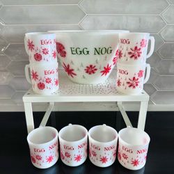 Vintage MCM Anchor Hocking/ Fire-king 9 piece Egg Nog Christmas bowl and 8 mug set in box