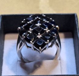 Genuine Cushion Cut Black Spinel Cluster Ring in .925 Sterling Silver. Size 7.