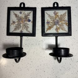 Vintage Floral Wall Candle Sconces Set of 2 Black Metal Cottagecore Farmhouse Decor