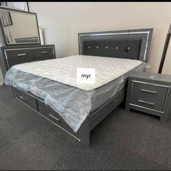 Brand New/ Gray Led Upholstered Storage Bedroom Set/ DRESSER, MIRROR, NIGHTSTAND, Bed// Mattress Sold Separately 