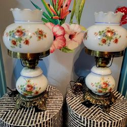 TWO Vintage Hurricane Milk Glass Lamps Parlor Gone with the Wind Nightstand Table Lamps 18" MINT CONDITION . Some chips 