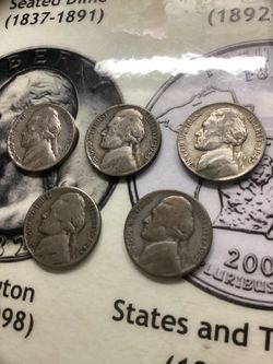 (LOT OF 5) 1(contact info removed) Wartime 35% WWII Jefferson War Silver Nickel .25c Face Bulk
