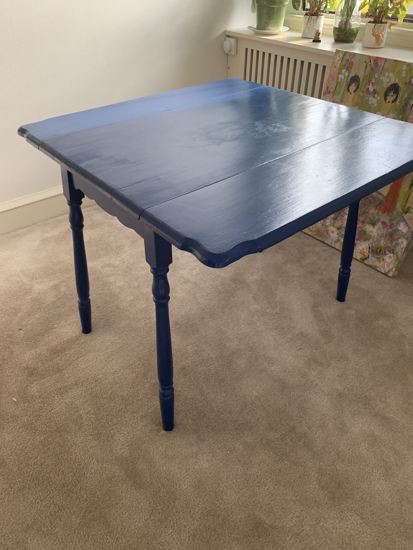 Blue dining room / kitchen table 36x36, adjustable, seats 4