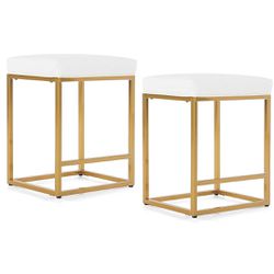 New Set of 2 White Gold Bar Stools 24" Counter Height Backless Dining Stools with Metal Frame