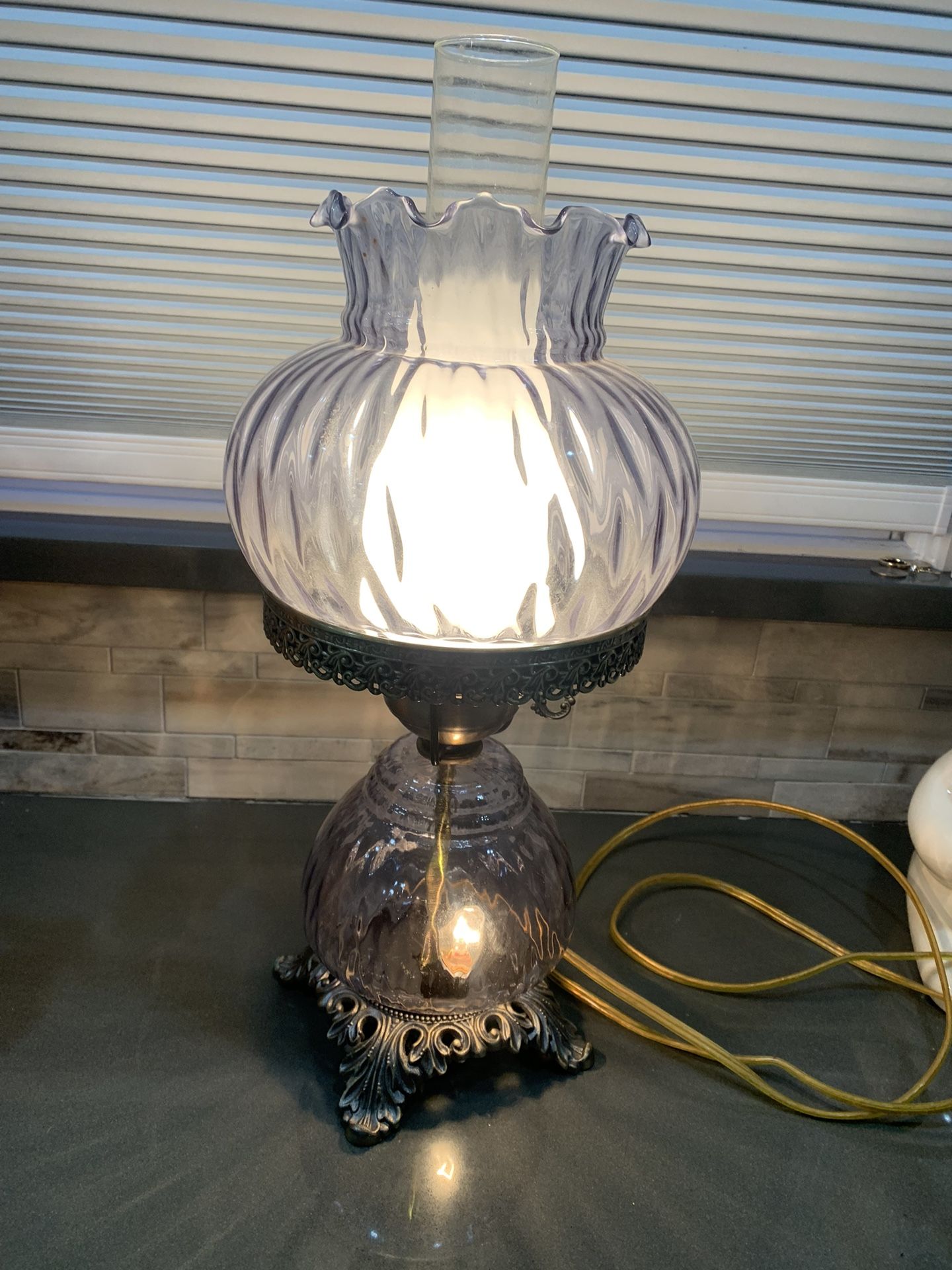 Light Blue Hurricane Lamp. 2 Way Switch.