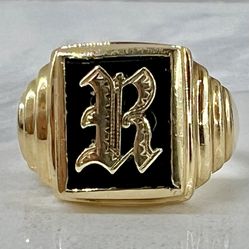 🎁 Beautiful 14K Yellow Gold Ladies Initial (R) Onyx Ring, Makers Mark~SAVA