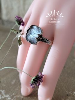 Sterling Silver 925 Ring etched glass with Blue and Gray Cristal stone.