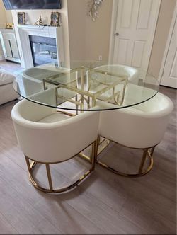 Modern 5-Piece Glass Top Dining Set with Gold Base and 4 White Chairs