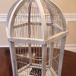 Home Decor White Wood & Wire Dome 6 Sided Bird Cage 36"Hx12"W Need TLC