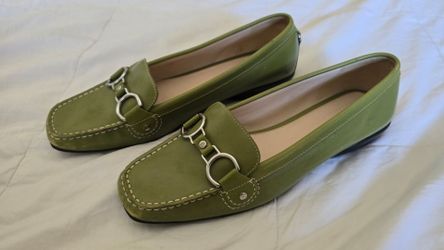 Cole Haan Women's Air Treva flats in a grass green suede with silver buckle hardware.