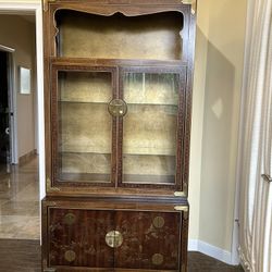 Vintage Asian Chinoiserie China Cabinet Display Hutch - Brass Hardware
