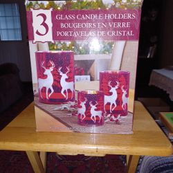 CHRISTMAS GLASS 3 PIECE CANDLE HOLDERS