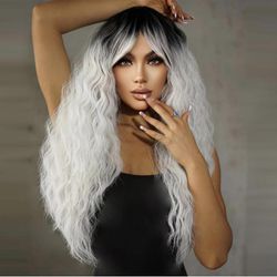 Human hair blend Beautiful white ombre curly wave wig