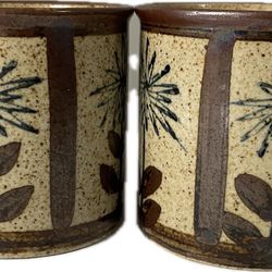 Vintage Stoneware Speckled Brown Floral Design Coffee Tea Mug Set of 2