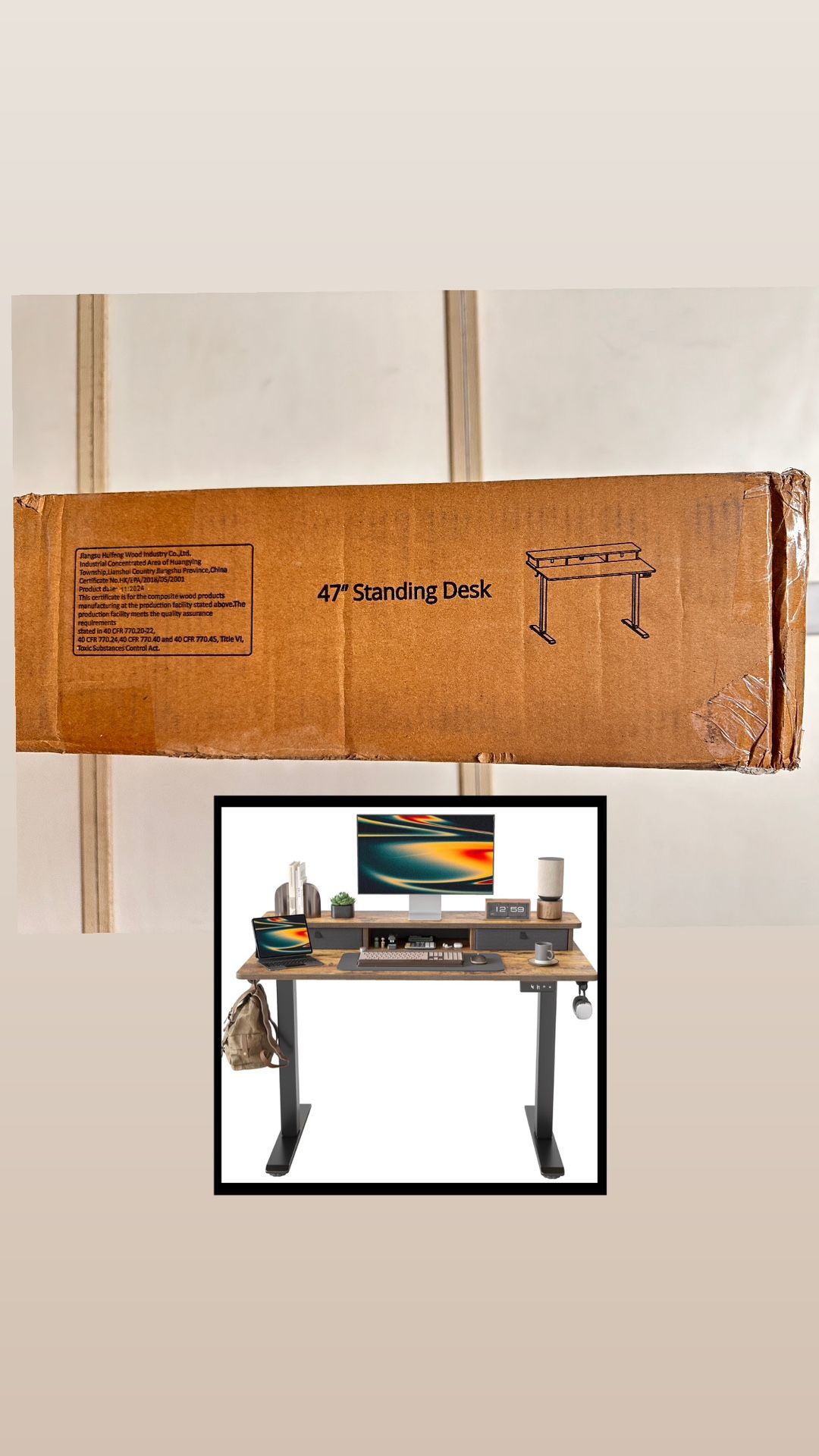 48x24” Electric Standing Desk with Drawers – Adjustable Sit Stand Home Office Desk, Height Adjustable Workstation, Computer Desk with Storage, Brown