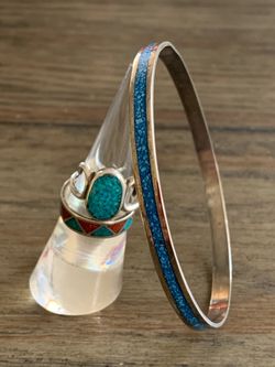 Vintage Mexican Sterling Silver Turquoise & Lapis Inlay 3-Piece Jewelry