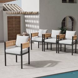 New in Box- Steel Outdoor Dining Arm Chairs - Set of 4, Khaki Wicker / Beige Cushion