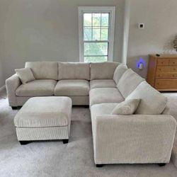 BRAND NEW CREAM CORDUROY SECTIONAL WITH OTTOMAN