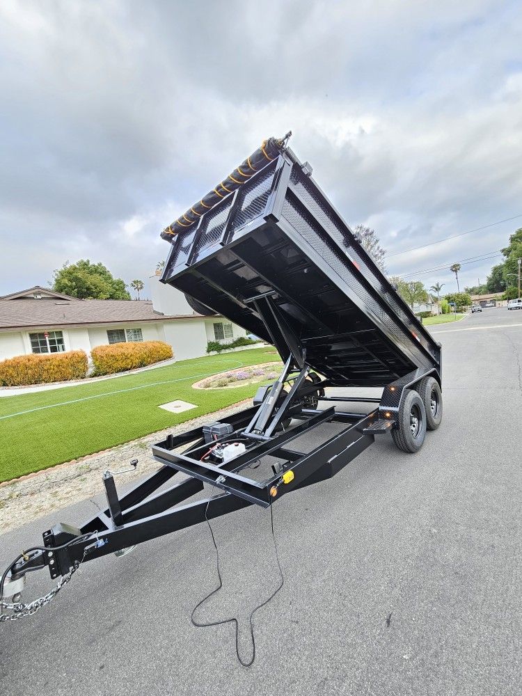 NEW 2026 HEAVY DUTY 8 LUGS DUMP TRAILER 14X8X2 IDEAL FOR BOBCAT, SCISSOR HOIST 8 TON,ELECTRIC BRAKES 4 WHEELS, LED LIGHTS, ROLLING TARP, SPARE TIRE, S