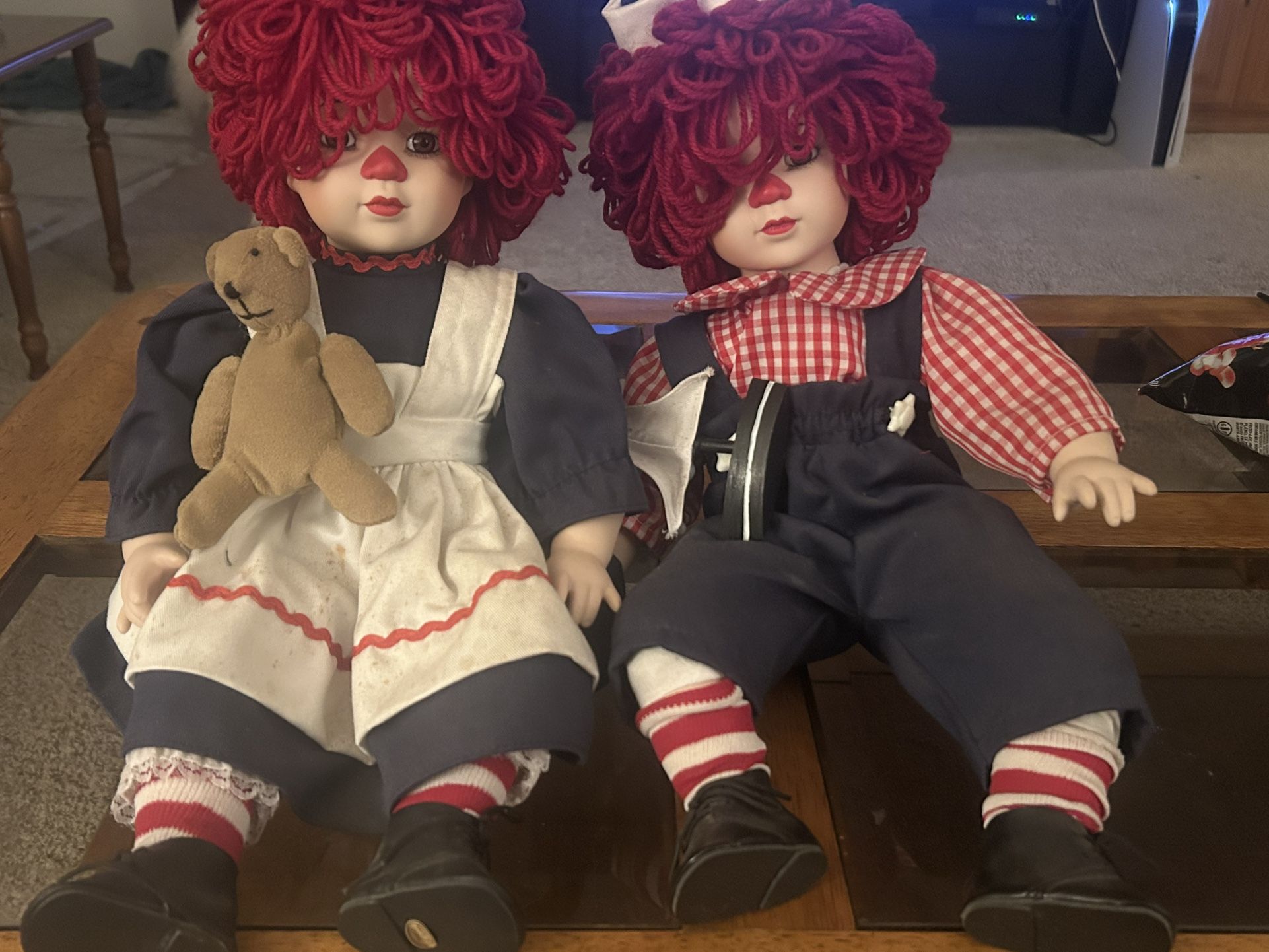 Raggedy Ann & Andy porcelain Doll Pair Vintage 16" Tall