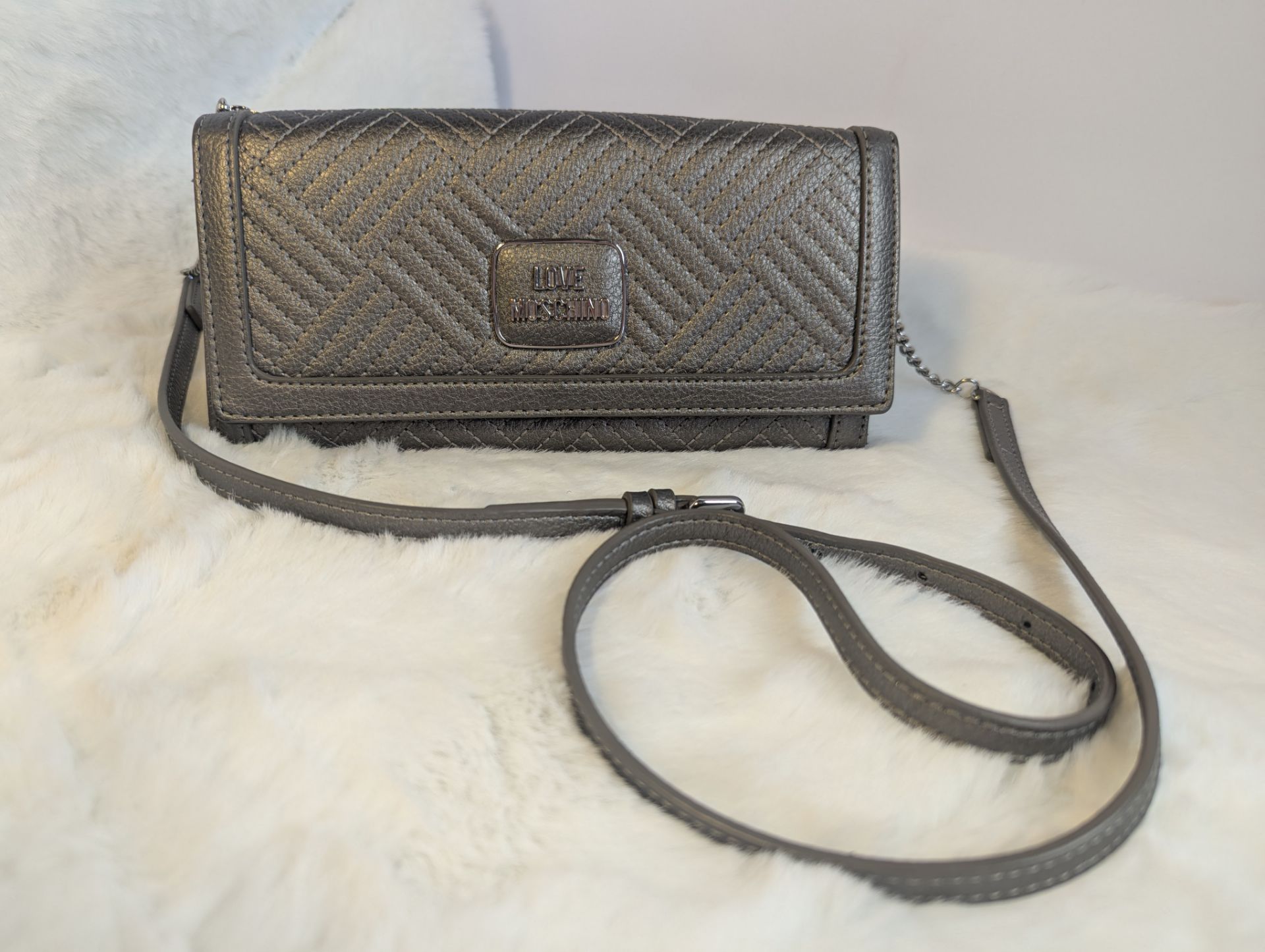 Love Moschino Metallic Silver Quilted Wallet And Crossbody Purse