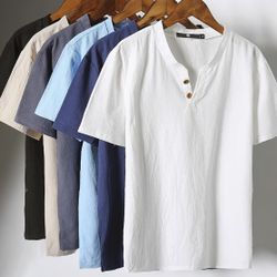 Summer linen short-sleeved t-shirt with a loose v-neck, Chinese style half-sleeved trend, traditional Chinese clothing cotton and linen top