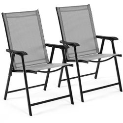 Set of 2 Outdoor Texteline Folding Dining Chairs with Backrest/ Armrests, All Weather Chairs for Garden/ Lawn/ Porch/ Backyard Pool