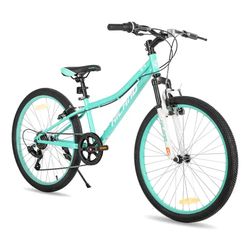 24 Inch Mountain Bike for Boy Girl with Suspension Fork, 7-Speed Kids' MTB Bicycle - Green