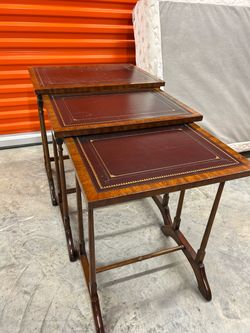 Classic Nesting Tables - Burgundy Leather & Gold Tooling, Set of 3”