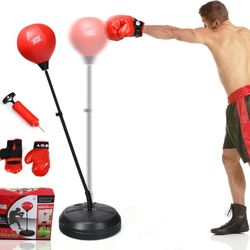 GYMAX Punching Bag for Adults & Teens, Boxing Equipment Set w/Height Adjustable Stand, Gloves & Pump, Free Standing Boxing Bag with Reflex Ball for Ag