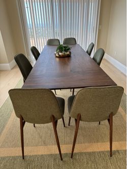 Walnut Dining Table w/ 8 Olive Green Chairs – La Jolla