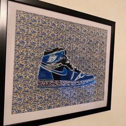 Blue And black Nike Air Jordan 1 Art Piece On black frame