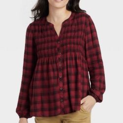 Knox Rose Babydoll Long Sleeve Button-Down Plaid Blouse Red/Black Size Small 