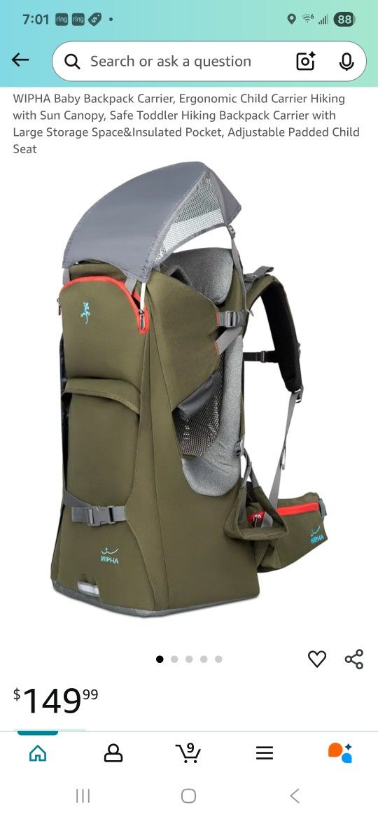 WIPHA Baby Backpack Carrier, Ergonomic Child Carrier Hiking with Sun Canopy, Safe Toddler Hiking Backpack Carrier with Large Storage Space&Insulated P