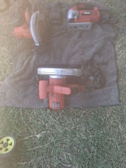 2 skill saws hyper tuff 1electric 1 battery  1skill jigsaw electric 1 rayobie weed eater battery and charger  all for a hundred all in excellent condi
