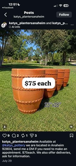 Taller clay pots 24 gal 23”x18” $75ea