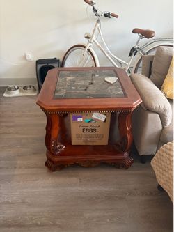 Traditional Cherry Wood Marble-Top Accent Table with Carved Details