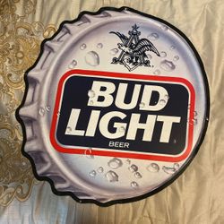 VINTAGE BUD LIGHT BIG METAL SIGN BOTTLE CAP TIN 1990S 25" DIAMETER BEER
