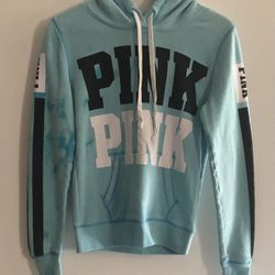 Pink women’s hoodie front kangaroo pockets few hand tie dye blue. XS