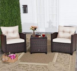 3 Piece Wicker Patio Furniture Set – Off White Cushions