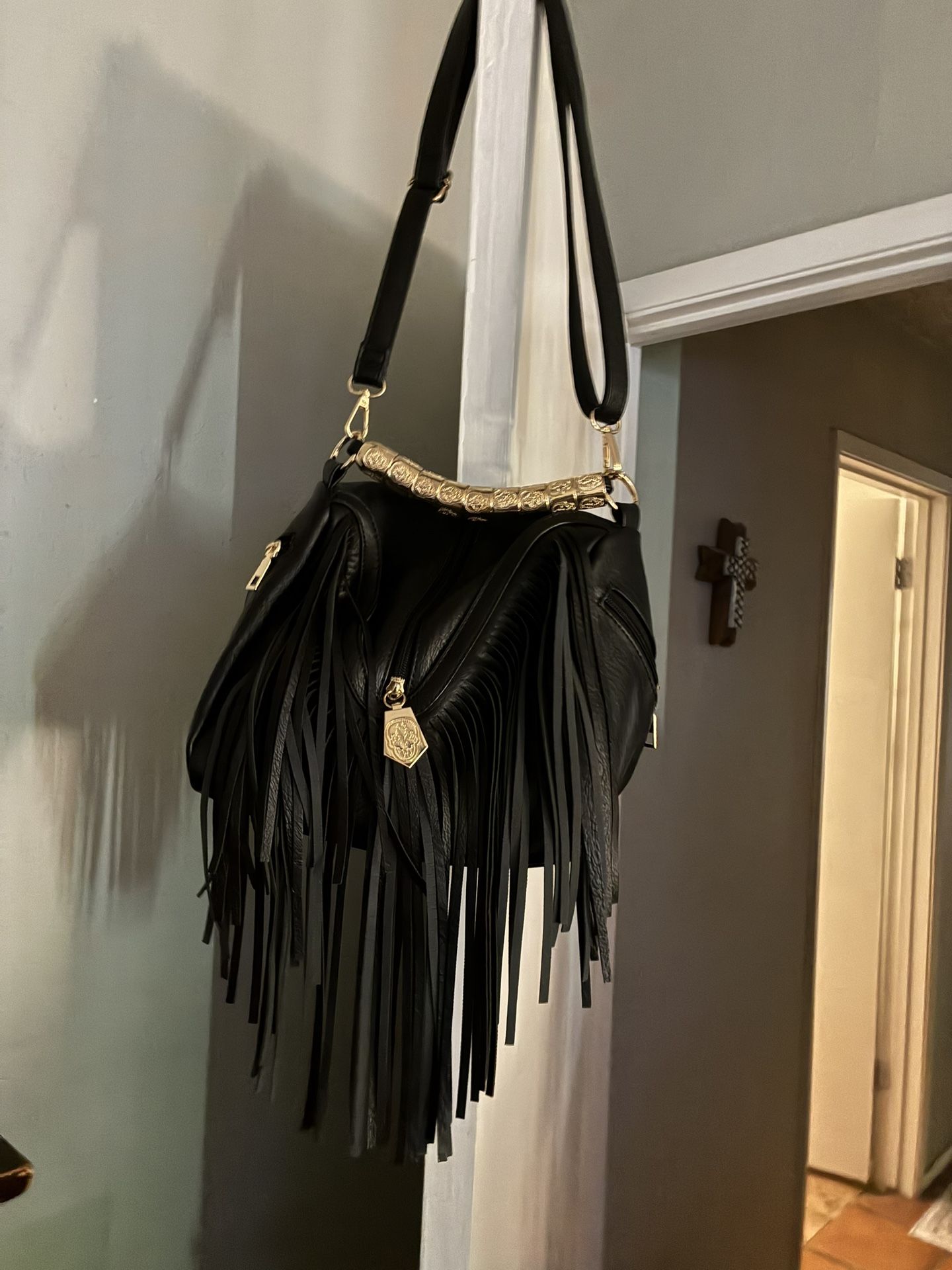 Back Leather Fringe Bag With Shoulder Strap& Gold Handle