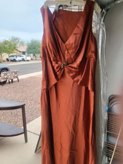 Rust Satin Formal Gown with Brooch Detail