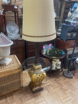 Mid century pottery floor lamp table excellent condition original shade