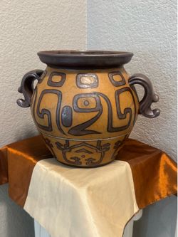 VTG Boho Geometric Terracota Jar W/Handles & Warm Earthy Glaze~Mata-Ortiz Style~