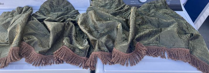 7pc Green Valance Curtain Set With 3” Brown Fringe Decor