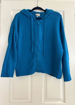 Blue Knit Zip-Up Hoodie Sweater