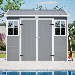 Plastic Utility Shed 8x6 ft with Floor – Lockable Storage Shed for Garden Tools & Trash Bins, All-Weather Outdoor Organizer in Gray-White