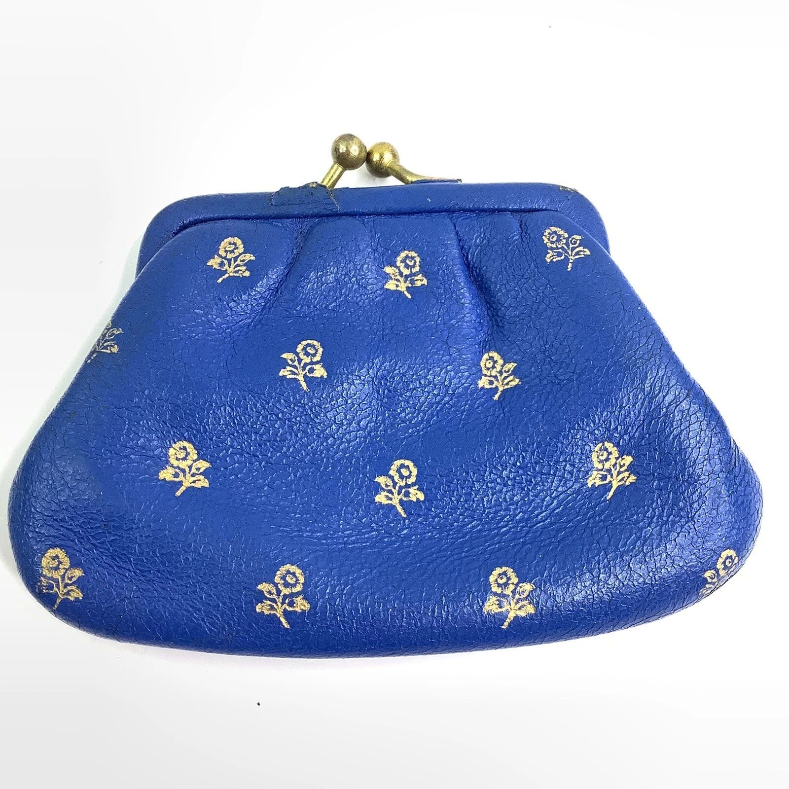 Vintage Floral Gold-Tone Print Leather Coin Blue Purse Made In Italy