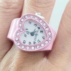 Pink diamond Heart Shape face women's girl's Quartz ring watch Gift